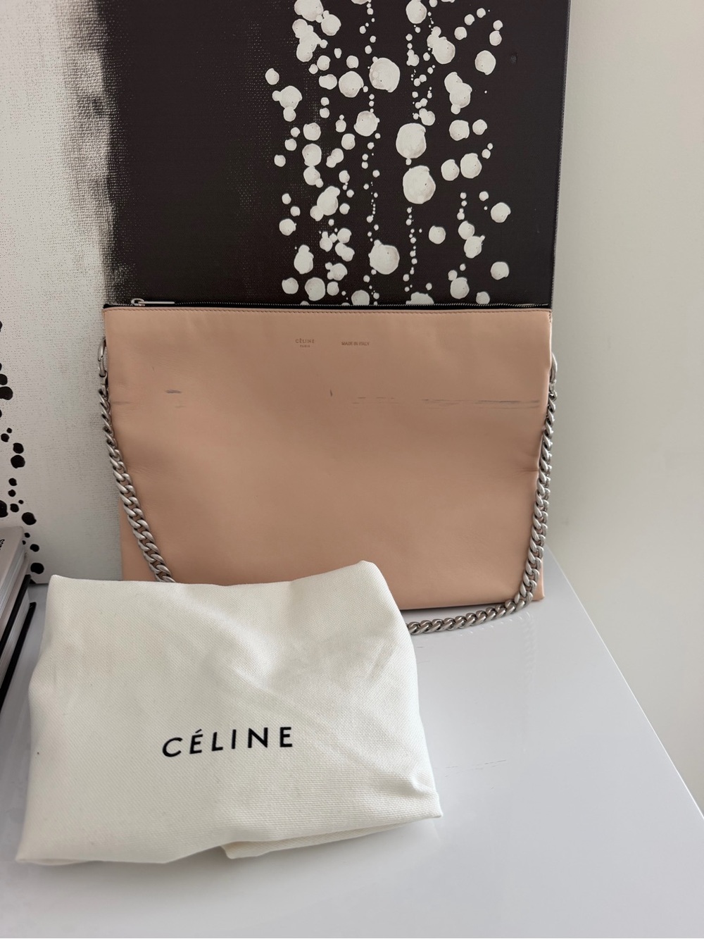 Celine Nude Pink Leather Shoulder Bag with Silver Chain